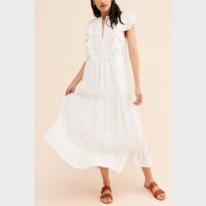 Sabina Musayve White Olympia Maxi Dress w/ Frilled Sleeve and Keyhole-Size M